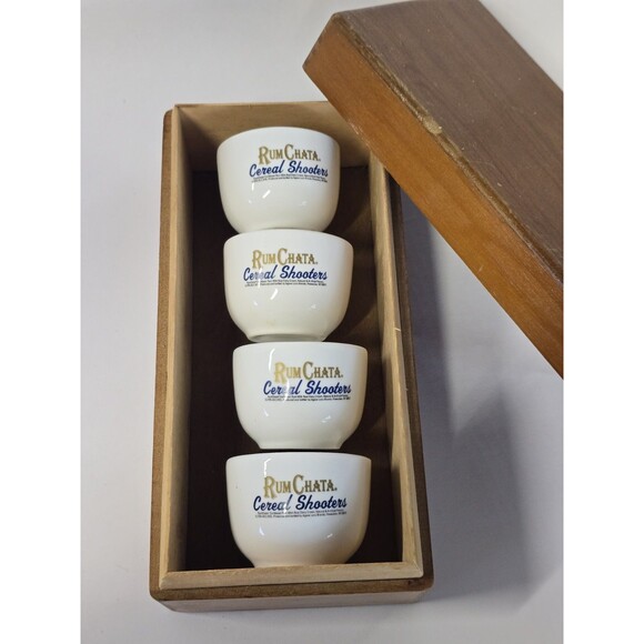 RumChata Cereal Bowl Shooters Caribbean Rum Shot glass Lot/4 in wooden box - Picture 1 of 4